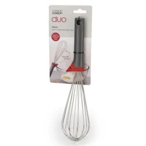 Joseph Joseph whisk with bowl rest featuring polished stainless steel wires and grey handle