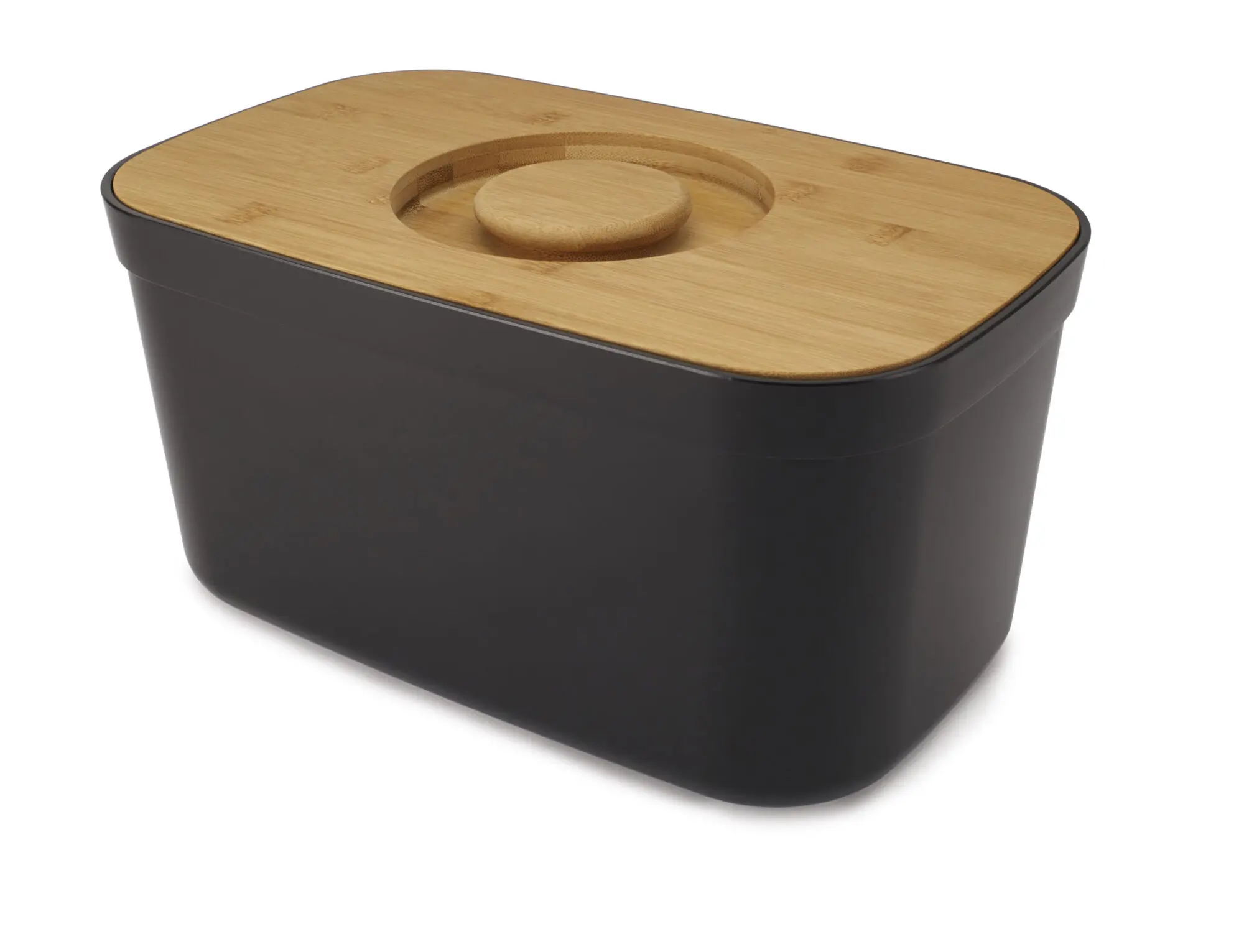 JJ_BreadBin_Black_81103_CO1 Efficient Black Bread Bin with Bamboo Lid – Slice Clean